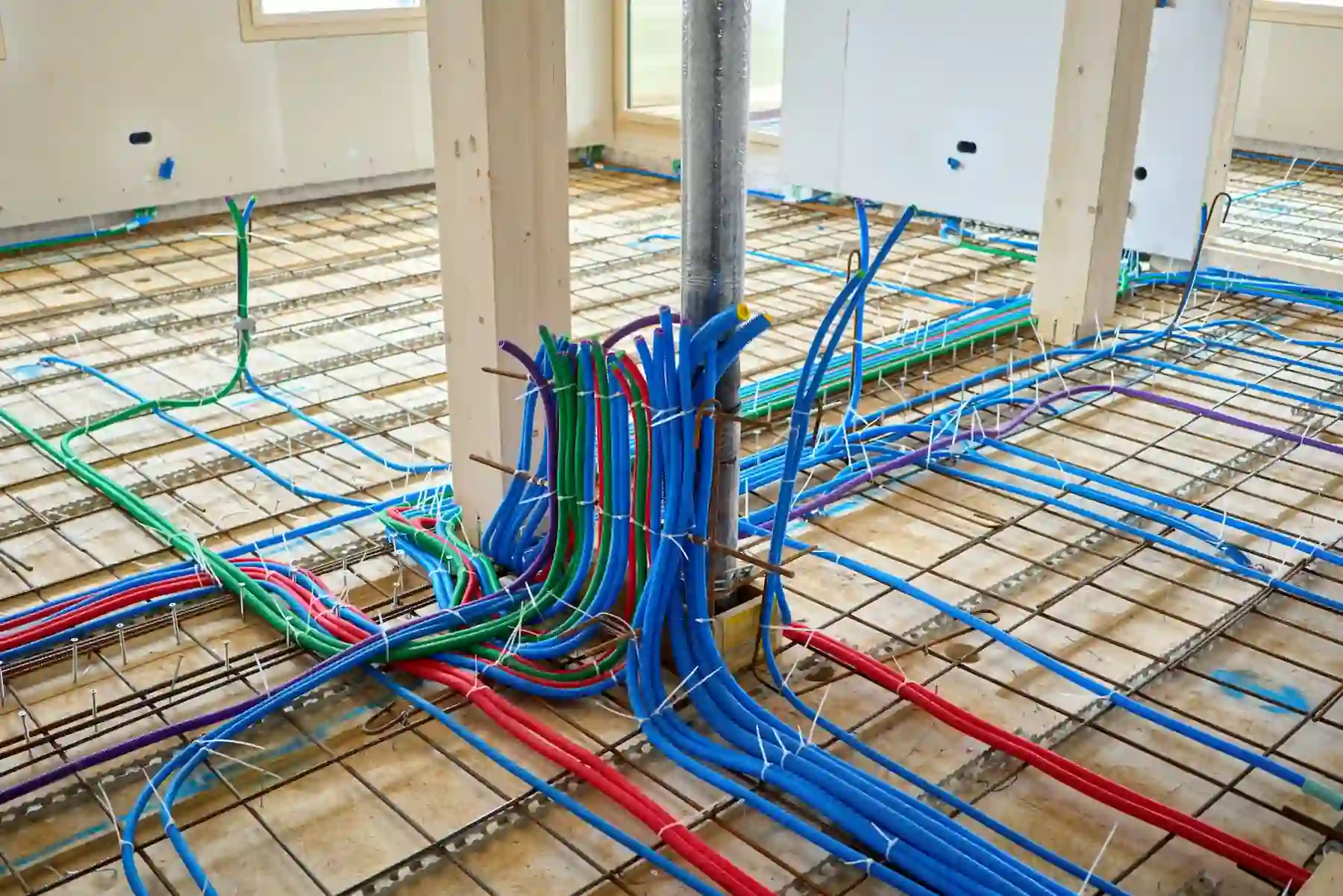 Instalaciones técnicas visibles de fontanería y electricidad durante reforma integral